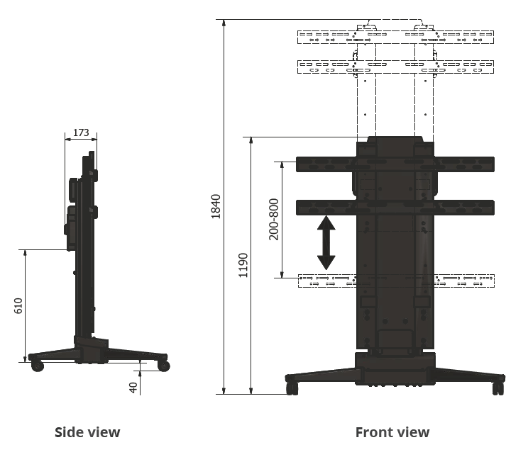 mobile motorized tv floor stand mobilift eco sabaj system side and front view